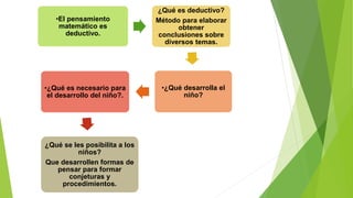 •El pensamiento
matemático es
deductivo.
¿Qué es deductivo?
Método para elaborar
obtener
conclusiones sobre
diversos temas.
•¿Qué desarrolla el
niño?
•¿Qué es necesario para
el desarrollo del niño?.
¿Qué se les posibilita a los
niños?
Que desarrollen formas de
pensar para formar
conjeturas y
procedimientos.
 