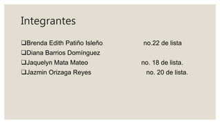 Integrantes
Brenda Edith Patiño Isleño no.22 de lista
Diana Barrios Domínguez
Jaquelyn Mata Mateo no. 18 de lista.
Jazmin Orizaga Reyes no. 20 de lista.
 