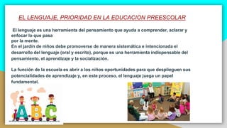 EL LENGUAJE, PRIORIDAD EN LA EDUCACION PREESCOLAR
El lenguaje es una herramienta del pensamiento que ayuda a comprender, aclarar y
enfocar lo que pasa
por la mente.
En el jardín de niños debe promoverse de manera sistemática e intencionada el
desarrollo del lenguaje (oral y escrito), porque es una herramienta indispensable del
pensamiento, el aprendizaje y la socialización.
La función de la escuela es abrir a los niños oportunidades para que desplieguen sus
potencialidades de aprendizaje y, en este proceso, el lenguaje juega un papel
fundamental.
 