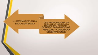 1.- MATEMATICAS EN LA
EDUCACION BASICA LES PROPORCIONA UN
LENGUAJE PRECISO Y
CONSISO PARA MODELAR,
ANALIZAR Y COMUNICAR
OBSERVACIONES.
 