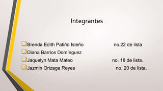 Integrantes
Brenda Edith Patiño Isleño no.22 de lista
Diana Barrios Domínguez
Jaquelyn Mata Mateo no. 18 de lista.
Jazmin Orizaga Reyes no. 20 de lista.
 