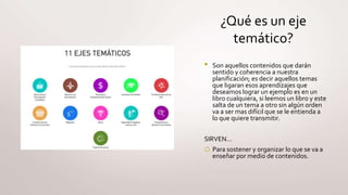 ¿Qué es un eje
temático?
• Son aquellos contenidos que darán
sentido y coherencia a nuestra
planificación; es decir aquellos temas
que ligaran esos aprendizajes que
deseamos lograr un ejemplo es en un
libro cualquiera, si leemos un libro y este
salta de un tema a otro sin algún orden
va a ser mas difícil que se le entienda a
lo que quiere transmitir.
SIRVEN…
o Para sostener y organizar lo que se va a
enseñar por medio de contenidos.
 