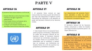 PARTE V
17
ARTICULO 26
ARTICULO 30
ARTICULO 29
ARTICULO 28
ARTICULO 27
ARTICULO 31
Las disposiciones del presente Pacto
serán aplicables a todas las partes
componentes de los Estados federales,
sin limitación ni excepción alguna.
1. El presente Pacto, cuyos textos en chino,
español, francés, inglés y ruso son igualmente
auténticos, será depositado en los archivos
de las Naciones Unidas.
2. El Secretario General de las Naciones
Unidas enviará copias certificadas del
presente Pacto a todos los Estados
mencionados en el artículo 26
El Secretario General de las Naciones
Unidas comunicará a todos los Estados
que hayan firmado el presente pacto o se
hayan adherido a el.
1. El presente Pacto entrará en vigor
transcurridos tres meses a partir de la fecha en
que haya sido depositado el trigésimo quinto
instrumento de ratificación o de adhesión en
poder del Secretario General de las Naciones
Unidas.
El presente Pacto estará abierto a la firma de:
Estados Miembros de las Naciones Unidas
miembros de algún organismo
especializado
Todo Estado Parte en el Estatuto de la
Corte Internacional de Justicia
Cualquier otro Estado invitado por la
Asamblea General de las Naciones Unidas
1. Todo Estado Parte en el presente Pacto
podrá proponer enmiendas y depositarlas
en poder del Secretario General de las
Naciones Unidas. El Secretario General
comunicará las enmiendas propuestas a
los Estados Partes en el presente Pacto,
pidiéndoles que le notifiquen si desean
que se convoque una conferencia de
Estados Partes con el fin de examinar las
propuestas y someterlas a votación.
 