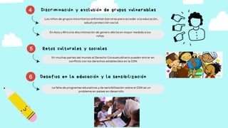 Discriminación y exclusión de grupos vulnerables
Los niños de grupos minoritarios enfrentan barreras para acceder a la educación,
salud y protección social
En Asia y Africa la discriminación de genero afecta en mayor medida a los
niñas
Retos culturales y sociales
En muchas partes del mundo el Derecho Consuetudinario pueden entrar en
conflicto con los derechos establecidos en la CDN
La falta de programas educativos y de sencibilización sobre el CDN es un
problema en países en desarrollo
Desafios en la educación y la sensibilización
 