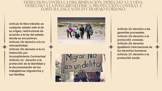 DERECHOS CONTRA LA DISCRIMINACIÓN, DERECHO A LA VIDA,
DERECHO A LA INTEGRIDAD FÍSICA, PROTECCIÓN CONTRA LA
TORTURA, ESCLAVITUD Y TRABAJO FORZOSO.
Artículo 8: libre tránsito en
cualquier estado más el de
su origen, restricciones de
acuerdo a la ley del estado
donde se encuentren.
Artículo 19: derecho a la no
retroactividad.
Artículo 20: derecho a la no
Detención por
Incumplimiento Contractual
Artículo 21: derecho a la
protección de la identidad y
la documentación de los
trabajadores migratorios y
sus familias.
Artículo 22: derecho a las
garantías procesales.
Artículo 23: derecho a la
protección consular.
Artículo 25: derecho
igualitario internacional de
los derechos humanos
Artículo 27: derecho a la
protección social.
 