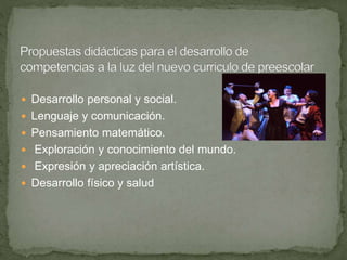  Desarrollo personal y social.
 Lenguaje y comunicación.
 Pensamiento matemático.
 Exploración y conocimiento del mundo.
 Expresión y apreciación artística.
 Desarrollo físico y salud
 