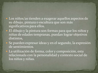  Los niños/as tienden a exagerar aquellos aspectos de
su dibujo, pintura o escultura que son más
significativos para ellos.
 El dibujo y la pintura son formas para que los niños y
niñas de edades tempranas, puedan lograr objetivos
distintos,
 Se pueden expresar ideas y en el segundo, la expresión
de sentimientos.
 La utilización de forma, color y composición, esta
relacionada con la personalidad y contexto social de
los niños y niñas.
 