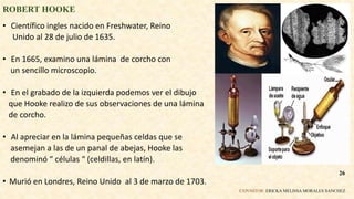 ROBERT HOOKE
• Científico ingles nacido en Freshwater, Reino
Unido al 28 de julio de 1635.
• En 1665, examino una lámina de corcho con
un sencillo microscopio.
• En el grabado de la izquierda podemos ver el dibujo
que Hooke realizo de sus observaciones de una lámina
de corcho.
• Al apreciar en la lámina pequeñas celdas que se
asemejan a las de un panal de abejas, Hooke las
denominó “ células “ (celdillas, en latín).
• Murió en Londres, Reino Unido al 3 de marzo de 1703.
EXPOSITOR: ERICKA MELISSA MORALES SANCHEZ
26
 