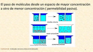El paso de moléculas desde un espacio de mayor concentración
a otro de menor concentración ( permebilidad pasiva).
EXPOSITOR: YOMAIRA SUSANA HOLGUIN ROSADO 39
 