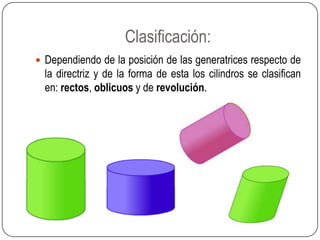 Clasificación:
 Dependiendo de la posición de las generatrices respecto de
la directriz y de la forma de esta los cilindros se clasifican
en: rectos, oblicuos y de revolución.
 