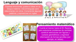 Expresa emociones, gustos e ideas en su
lengua materna. Usa el lenguaje para
relacionarse con otros. Comprende algunas
palabras y expresiones en ingles
Cuenta al menos hasta el 20. Razona
para solucionar problemas de cantidad,
construir estructuras con figuras y
cuerpos geométricos y organizar
información de formas sencillas (por
ejemplo, en tablas).
 