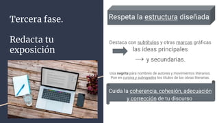Respeta la estructura diseñada.
Destaca con subtítulos y otras marcas gráficas
las ideas principales
→ y secundarias.
Usa negrita para nombres de autores y movimientos literarios.
Pon en cursiva y subrayados los títulos de las obras literarias.
Cuida la coherencia, cohesión, adecuación
y corrección de tu discurso.
Tercera fase.
Redacta tu
exposición
 