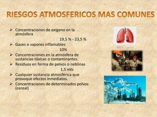  Concentraciones de oxígeno en la
atmósfera
19,5 % - 23,5 %
 Gases o vapores inflamables
10%
 Concentraciones en la atmósfera de
sustancias tóxicas o contaminantes.
 Residuos en forma de polvos o neblinas
1,5 mts
 Cualquier sustancia atmosférica que
provoque efectos inmediatos.
 Concentraciones de determinados polvos
(cereal)
 