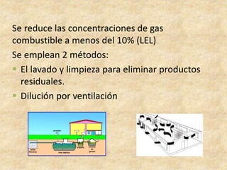 Se reduce las concentraciones de gas
combustible a menos del 10% (LEL)
Se emplean 2 métodos:
 El lavado y limpieza para eliminar productos
residuales.
 Dilución por ventilación
 