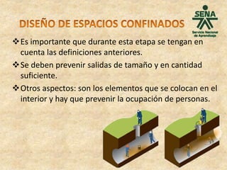 Es importante que durante esta etapa se tengan en
cuenta las definiciones anteriores.
Se deben prevenir salidas de tamaño y en cantidad
suficiente.
Otros aspectos: son los elementos que se colocan en el
interior y hay que prevenir la ocupación de personas.
 