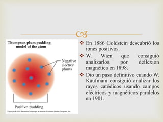 
 En 1886 Goldstein descubrió los
iones positivos.
 W. Wien que consiguió
analizarlos por deflexión
magnética en 1898.
 Dio un paso definitivo cuando W.
Kaufmam consiguió analizar los
rayos catódicos usando campos
eléctricos y magnéticos paralelos
en 1901.
 