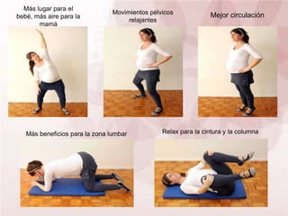 Más lugar para el
bebé, más aire para la
mamá
Movimientos pélvicos
relajantes
Mejor circulación
Más beneficios para la zona lumbar Relax para la cintura y la columna
 