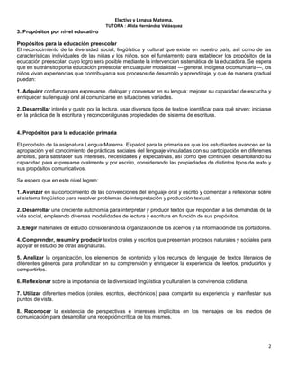 Electiva y Lengua Materna.
TUTORA : Alida Hernández Velásquez
2
3. Propósitos por nivel educativo
Propósitos para la educación preescolar
El reconocimiento de la diversidad social, lingüística y cultural que existe en nuestro país, así como de las
características individuales de las niñas y los niños, son el fundamento para establecer los propósitos de la
educación preescolar, cuyo logro será posible mediante la intervención sistemática de la educadora. Se espera
que en su tránsito por la educación preescolar en cualquier modalidad — general, indígena o comunitaria—, los
niños vivan experiencias que contribuyan a sus procesos de desarrollo y aprendizaje, y que de manera gradual
puedan:
1. Adquirir confianza para expresarse, dialogar y conversar en su lengua; mejorar su capacidad de escucha y
enriquecer su lenguaje oral al comunicarse en situaciones variadas.
2. Desarrollar interés y gusto por la lectura, usar diversos tipos de texto e identificar para qué sirven; iniciarse
en la práctica de la escritura y reconoceralgunas propiedades del sistema de escritura.
4. Propósitos para la educación primaria
El propósito de la asignatura Lengua Materna. Español para la primaria es que los estudiantes avancen en la
apropiación y el conocimiento de prácticas sociales del lenguaje vinculadas con su participación en diferentes
ámbitos, para satisfacer sus intereses, necesidades y expectativas, así como que continúen desarrollando su
capacidad para expresarse oralmente y por escrito, considerando las propiedades de distintos tipos de texto y
sus propósitos comunicativos.
Se espera que en este nivel logren:
1. Avanzar en su conocimiento de las convenciones del lenguaje oral y escrito y comenzar a reflexionar sobre
el sistema lingüístico para resolver problemas de interpretación y producción textual.
2. Desarrollar una creciente autonomía para interpretar y producir textos que respondan a las demandas de la
vida social, empleando diversas modalidades de lectura y escritura en función de sus propósitos.
3. Elegir materiales de estudio considerando la organización de los acervos y la información de los portadores.
4. Comprender, resumir y producir textos orales y escritos que presentan procesos naturales y sociales para
apoyar el estudio de otras asignaturas.
5. Analizar la organización, los elementos de contenido y los recursos de lenguaje de textos literarios de
diferentes géneros para profundizar en su comprensión y enriquecer la experiencia de leerlos, producirlos y
compartirlos.
6. Reflexionar sobre la importancia de la diversidad lingüística y cultural en la convivencia cotidiana.
7. Utilizar diferentes medios (orales, escritos, electrónicos) para compartir su experiencia y manifestar sus
puntos de vista.
8. Reconocer la existencia de perspectivas e intereses implícitos en los mensajes de los medios de
comunicación para desarrollar una recepción crítica de los mismos.
 
