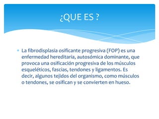 ¿QUE ES ?


La fibrodisplasia osificante progresiva (FOP) es una
enfermedad hereditaria, autosómica dominante, que
provoca una osificación progresiva de los músculos
esqueléticos, fascias, tendones y ligamentos. Es
decir, algunos tejidos del organismo, como músculos
o tendones, se osifican y se convierten en hueso.
 