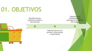 01. OBJETIVOS
Identificación de
condiciones médicas
desconocidas
Solicitud selectiva de
pruebas y derivaciones
a especialistas
Sugerencia de
tratamientos no
quirúrgicos en casos de
alto riesgo.
 