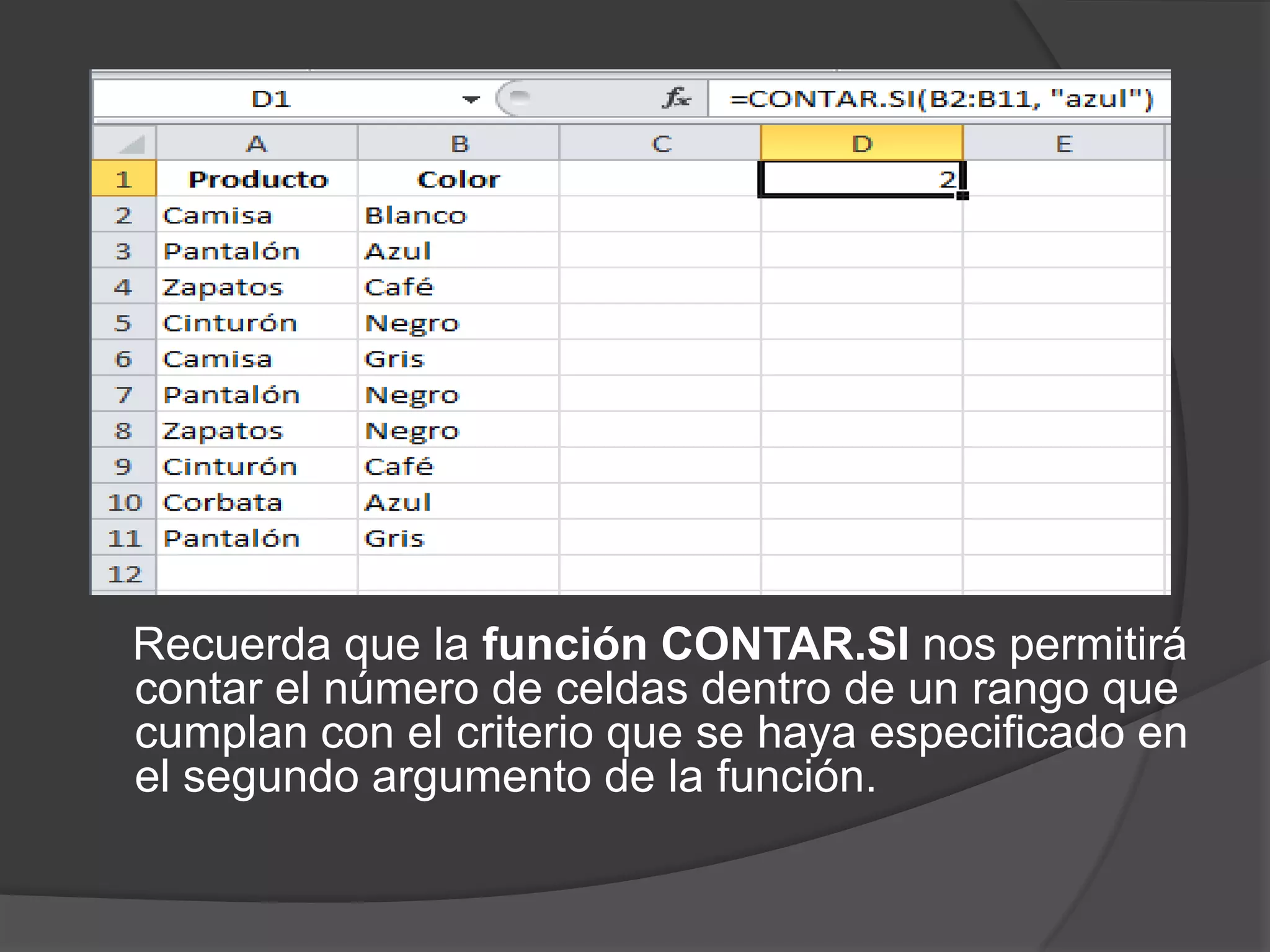 Recuerda que la función CONTAR.SI nos permitirá
contar el número de celdas dentro de un rango que
cumplan con el criterio que se haya especificado en
el segundo argumento de la función.
 