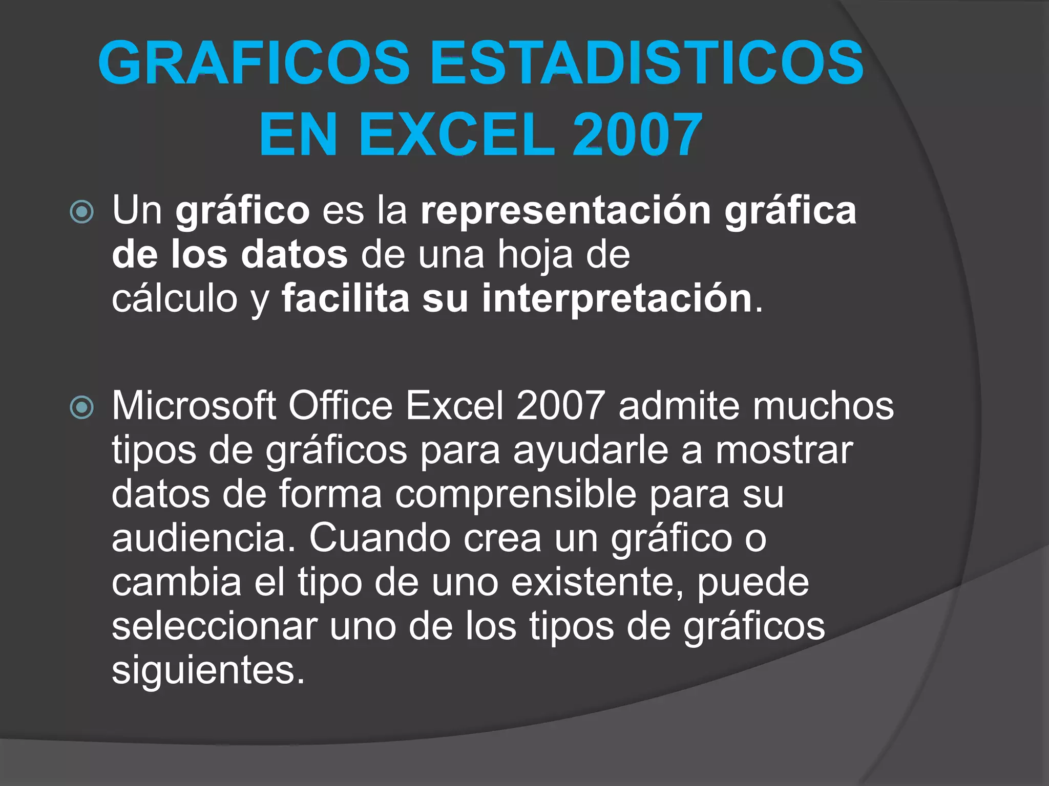 GRAFICOS ESTADISTICOS
EN EXCEL 2007
 Un gráfico es la representación gráfica
de los datos de una hoja de
cálculo y facilita su interpretación.
 Microsoft Office Excel 2007 admite muchos
tipos de gráficos para ayudarle a mostrar
datos de forma comprensible para su
audiencia. Cuando crea un gráfico o
cambia el tipo de uno existente, puede
seleccionar uno de los tipos de gráficos
siguientes.
 