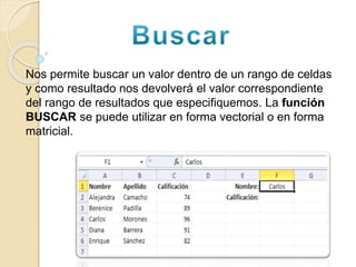 Nos permite buscar un valor dentro de un rango de celdas
y como resultado nos devolverá el valor correspondiente
del rango de resultados que especifiquemos. La función
BUSCAR se puede utilizar en forma vectorial o en forma
matricial.
 