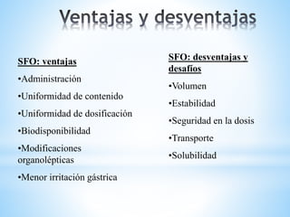 SFO: ventajas 
•Administración 
•Uniformidad de contenido 
•Uniformidad de dosificación 
•Biodisponibilidad 
•Modificaciones 
organolépticas 
•Menor irritación gástrica 
SFO: desventajas y 
desafíos 
•Volumen 
•Estabilidad 
•Seguridad en la dosis 
•Transporte 
•Solubilidad 
 