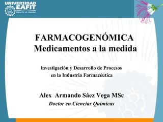 FARMACOGENÓMICA
Medicamentos a la medida
Investigación y Desarrollo de Procesos
en la Industria Farmacéutica

Alex Armando Sáez Vega MSc
Doctor en Ciencias Químicas

 