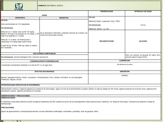 FARMACO: METAMIZOL SODICO.
DOSIS
PRESENTACIÓN INTERVALO DE DOSIS
Vía oral:
Metamizol Sodico suspensión: 5mg / 100ml.
Vía Intravenosa:
Metamizol Sódico: 1 g / 2ml.
4-6 hrs
PEDIÁTRICO NEONATOS
Vía Oral:
dosis recomendada de 12,5 mg/kg/dosis.
Vía Intravenosa:
Niños de 3 a 11 meses: solo vía IM- 5-9 mg/kg.
Máximo 100 mg/6 h en lactantes de 3-5 meses, y 150
mg/6 h en lactantes 6-11 meses.
Niños de 1 a 14 años: vía intramuscular o
intravenosa: 5-8 mg/kg hasta cada 6 horas.
A partir de los 15 años: 1000 mg, hasta un máximo
de 5 veces/día.
No se administra a Neonatos y lactantes menores de 3 meses o de
menos de 5 kg de peso corporal.
RECONSTITUCIÓN DILUCIÓN
SOLUCIONES COMPATIBLES
Diluir con solución de glucosa 50 mg/ml (5%),
solución salina 9 mg/ml (0,9%)
Vía intravenosa: Solución fisiológica 0.9% y Solución Glucosa 5%.
CONSERVACIÓN/FOTOSENSIBILIDAD
Consérvese a temperatura ambiente a no más de 30° C y en lugar seco.
ELIMINACIÓN
Se elimina en la orina.
EFECTOS SECUNDARIOS
Nausea, Sequedad de Boca, Vomito, Leucopenia, Trombocitopenia, Picor, Urticaria, Hinchazón, en uso prolongado
Proteinuria, Oliguria y Anuria.
ABSORCIÓN
Hepático.
INTERVENCIONES ESPECIFICAS DE ENFERMERÍA:
Monitorización continua y vigilancia digestiva por presencia de hemorragias, vigilar a la hora de la administración la presión sistólica no esté por debajo de 100 mmHg, vigilancia estrecha de la función renal, vigilancia de la
temperatura corporal, vigilancia de lesiones en mucosas.
OBSERVACIONES Y PRECAUCIONES :
OBSERVACIONES:
El metamizol a dosis altas potencia la acción de algunos depresores del SNC, potencia la acción de los anticoagulantes orales (acenocumarol, warfarina), con riesgo de hemorragia, Ciclosporina se potencia el riesgo de
nefrotoxicidad
PRECAUCIONES:
Signos de agranulocitosis o trombocitopenia,lesiones mucosa inflamadas (orofaringeas, anorectales y genitales), dolor de garganta, fiebre.
 