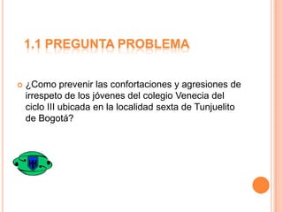 1.1 PREGUNTA PROBLEMA


¿Como prevenir las confortaciones y agresiones de
irrespeto de los jóvenes del colegio Venecia del
ciclo III ubicada en la localidad sexta de Tunjuelito
de Bogotá?

 