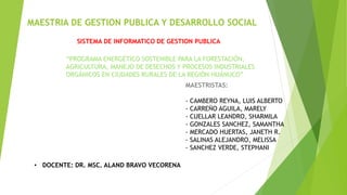MAESTRIA DE GESTION PUBLICA Y DESARROLLO SOCIAL 
SISTEMA DE INFORMATICO DE GESTION PUBLICA 
“PROGRAMA ENERGÉTICO SOSTENIBLE PARA LA FORESTACIÓN, 
AGRICULTURA, MANEJO DE DESECHOS Y PROCESOS INDUSTRIALES 
ORGÁNICOS EN CIUDADES RURALES DE LA REGIÓN HUÁNUCO” 
MAESTRISTAS: 
- CAMBERO REYNA, LUIS ALBERTO 
- CARREÑO AGUILA, MARELY 
- CUELLAR LEANDRO, SHARMILA 
- GONZALES SANCHEZ, SAMANTHA 
- MERCADO HUERTAS, JANETH R. 
- SALINAS ALEJANDRO, MELISSA 
- SANCHEZ VERDE, STEPHANI 
• DOCENTE: DR. MSC. ALAND BRAVO VECORENA 
 