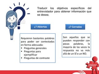 Traducir los objetivos específicos del
entrevistador para obtener información que
se desea.
¿? Abiertas ¿? Cerradas
Son aquellas que se
pueden responder con
pocas palabras, la
mayoría de las veces la
respuesta no va más
allá de un SÍ o un NO.
Requieren bastantes palabras
para poder ser contestadas
en forma adecuada:
 Preguntas generales
 Preguntas para
ejemplificar
 Preguntas de contraste
 