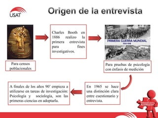 Para censos
poblacionales
Charles Booth en
1886 realizo la
primera entrevista
para fines
investigativos.
Para pruebas de psicología
con énfasis de medición
En 1965 se hace
una distinción clara
entre cuestionario y
entrevista.
A finales de los años 90’ empieza a
utilizarse en tareas de investigación:
Psicología y sociología, son las
primeras ciencias en adoptarla.
 