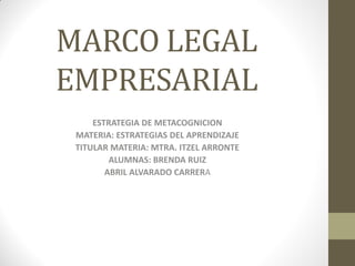 MARCO LEGAL
EMPRESARIAL
     ESTRATEGIA DE METACOGNICION
 MATERIA: ESTRATEGIAS DEL APRENDIZAJE
 TITULAR MATERIA: MTRA. ITZEL ARRONTE
         ALUMNAS: BRENDA RUIZ
        ABRIL ALVARADO CARRERA
 