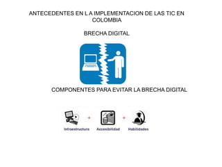 ANTECEDENTES EN L A IMPLEMENTACION DE LAS TIC EN
                   COLOMBIA

                BRECHA DIGITAL




      COMPONENTES PARA EVITAR LA BRECHA DIGITAL
 
