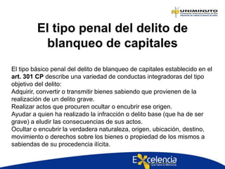 El tipo penal del delito de
blanqueo de capitales
El tipo básico penal del delito de blanqueo de capitales establecido en el
art. 301 CP describe una variedad de conductas integradoras del tipo
objetivo del delito:
Adquirir, convertir o transmitir bienes sabiendo que provienen de la
realización de un delito grave.
Realizar actos que procuren ocultar o encubrir ese origen.
Ayudar a quien ha realizado la infracción o delito base (que ha de ser
grave) a eludir las consecuencias de sus actos.
Ocultar o encubrir la verdadera naturaleza, origen, ubicación, destino,
movimiento o derechos sobre los bienes o propiedad de los mismos a
sabiendas de su procedencia ilícita.
 
