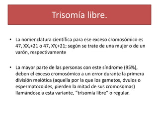 Trisomía libre.

• La nomenclatura científica para ese exceso cromosómico es
  47, XX,+21 o 47, XY,+21; según se trate de una mujer o de un
  varón, respectivamente

• La mayor parte de las personas con este síndrome (95%),
  deben el exceso cromosómico a un error durante la primera
  división meiótica (aquella por la que los gametos, óvulos o
  espermatozoides, pierden la mitad de sus cromosomas)
  llamándose a esta variante, “trisomía libre” o regular.
 