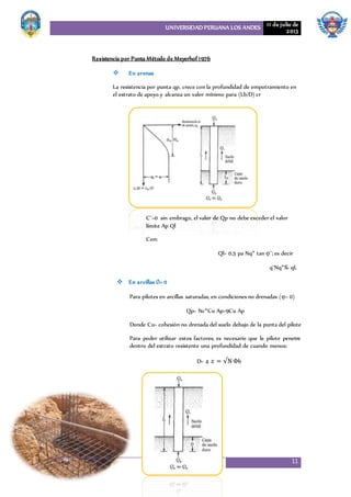 UNIVERSIDAD PERUANA LOS ANDES 11 de julio de
2013
11
Resistencia por Punta Método de Meyerhof 1976
 En arenas
La resistencia por punta qp, crece con la profundidad de empotramiento en
el estrato de apoyo y alcanza un valor mínimo para (Lb/D) cr
C¨=0 sin embrago, el valor de Qp no debe exceder el valor
límite Ap Ql
Con:
Ql= 0.5 pa Nq* tan φ¨; es decir
q¨Nq*≤= qL
 En arcillas ∅= 0
Para pilotes en arcillas saturadas, en condiciones no drenadas (φ= 0)
Qp= Nc*Cu Ap=9Cu Ap
Donde Cu= cohesión no drenada del suelo debajo de la punta del pilote
Para poder utilizar estos factores, es necesario que le pilote penetre
dentro del estrato resistente una profundidad de cuando menos:
D= 4 𝑥 = √N Φb
 