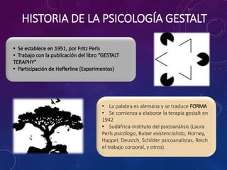HISTORIA DE LA PSICOLOGÍA GESTALT
• La palabra es alemana y se traduce FORMA
• Se comienza a elaborar la terapia gestalt en
1942
• Sudáfrica-Instituto del psicoanálisis (Laura
Perls psicóloga, Buber existencialista, Horney,
Happel, Deustch, Schilder psicoanalistas, Reich
el trabajo corporal, y otros).
 