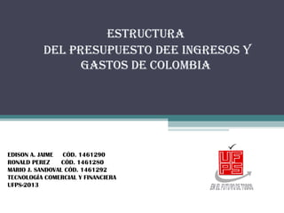 ESTRUCTURA
DEL PRESUPUESTO DEE INGRESOS Y
GASTOS DE COLOMBIA
EDISON A. JAIME CÓD. 1461290
RONALD PEREZ CÓD. 1461280
MARIO J. SANDOVAL CÓD. 1461292
TECNOLOGÍA COMERCIAL Y FINANCIERA
UFPS-2013
 