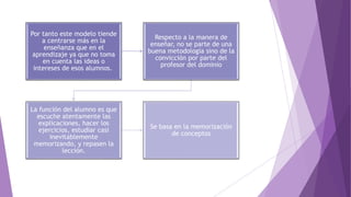 Por tanto este modelo tiende
a centrarse más en la
enseñanza que en el
aprendizaje ya que no toma
en cuenta las ideas o
intereses de esos alumnos.
Respecto a la manera de
enseñar, no se parte de una
buena metodología sino de la
convicción por parte del
profesor del dominio
La función del alumno es que
escuche atentamente las
explicaciones, hacer los
ejercicios, estudiar casi
inevitablemente
memorizando, y repasen la
lección.
Se basa en la memorización
de conceptos
 