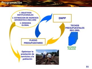 PLIEGO
PRESUPUESTARIO
DNPP
2. ESTIMACION DE INGRESOS
DIFERENTES A REC.ORD
3. DEMANDA
GLOBAL TECHOS
PRESUPUESTALES
REC.ORD.
RECURSOS
PUBLICOS
Optimizar la
prestación de
servicios a la
población
1. OBJETIVOS
INSTITUCIONALES
11
Programación
 