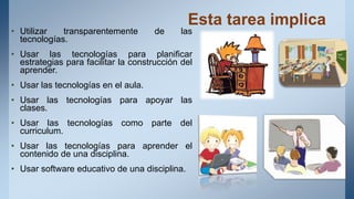 Esta tarea implica
• Utilizar transparentemente de las
tecnologías.
• Usar las tecnologías para planificar
estrategias para facilitar la construcción del
aprender.
• Usar las tecnologías en el aula.
• Usar las tecnologías para apoyar las
clases.
• Usar las tecnologías como parte del
curriculum.
• Usar las tecnologías para aprender el
contenido de una disciplina.
• Usar software educativo de una disciplina.
 