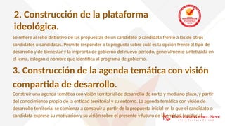 2. Construcción de la plataforma
ideológica.
Se refiere al sello distintivo de las propuestas de un candidato o candidata frente a las de otros
candidatos o candidatas. Permite responder a la pregunta sobre cuál es la opción frente al tipo de
desarrollo y de bienestar y la impronta de gobierno del nuevo periodo, generalmente sintetizada en
el lema, eslogan o nombre que identifica al programa de gobierno.
3. Construcción de la agenda temática con visión
compartida de desarrollo.
Construir una agenda temática con visión territorial de desarrollo de corto y mediano plazo, y partir
del conocimiento propio de la entidad territorial y su entorno. La agenda temática con visión de
desarrollo territorial se comienza a construir a partir de la propuesta inicial en la que el candidato o
candidata exprese su motivación y su visión sobre el presente y futuro de la entidad territorial.
 