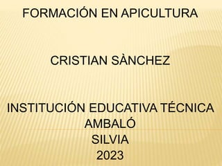 FORMACIÓN EN APICULTURA
CRISTIAN SÀNCHEZ
INSTITUCIÓN EDUCATIVA TÉCNICA
AMBALÓ
SILVIA
2023
 