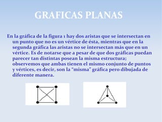 GRAFICAS PLANAS
En la gráfica de la figura 1 hay dos aristas que se intersectan en
un punto que no es un vértice de ésta, mientras que en la
segunda gráfica las aristas no se intersectan más que en un
vértice. Es de notarse que a pesar de que dos gráficas puedan
parecer tan distintas posean la misma estructura;
observemos que ambas tienen el mismo conjunto de puntos
y vértices, es decir, son la “misma” gráfica pero dibujada de
diferente manera.
 