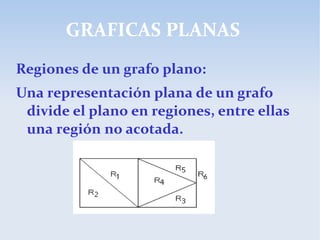 GRAFICAS PLANAS
Regiones de un grafo plano:
Una representación plana de un grafo
divide el plano en regiones, entre ellas
una región no acotada.
 