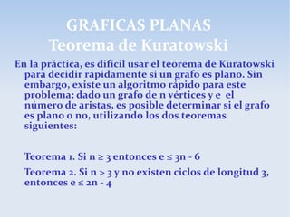 GRAFICAS PLANAS
Teorema de Kuratowski
En la práctica, es difícil usar el teorema de Kuratowski
para decidir rápidamente si un grafo es plano. Sin
embargo, existe un algoritmo rápido para este
problema: dado un grafo de n vértices y e el
número de aristas, es posible determinar si el grafo
es plano o no, utilizando los dos teoremas
siguientes:
Teorema 1. Si n ≥ 3 entonces e ≤ 3n - 6
Teorema 2. Si n > 3 y no existen ciclos de longitud 3,
entonces e ≤ 2n - 4
 