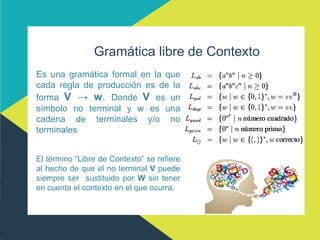 Gramática libre de Contexto
Es una gramática formal en la que
cada regla de producción es de la
forma V → w. Donde V es un
símbolo no terminal y w es una
cadena de terminales y/o no
terminales
El término “Libre de Contexto” se refiere
al hecho de que el no terminal V puede
siempre ser sustituido por W sin tener
en cuenta el contexto en el que ocurra.
 